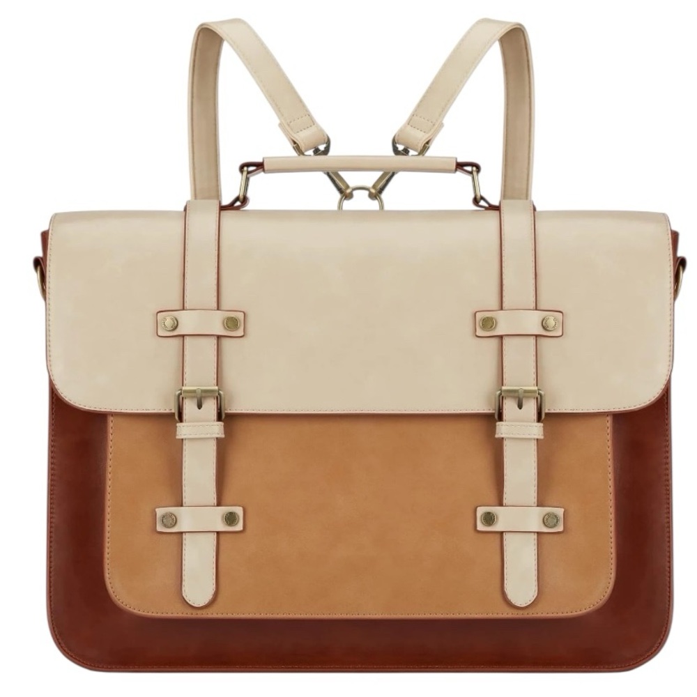 ECOSUSI Vegan Leather Messenger Briefcase Brown Cream